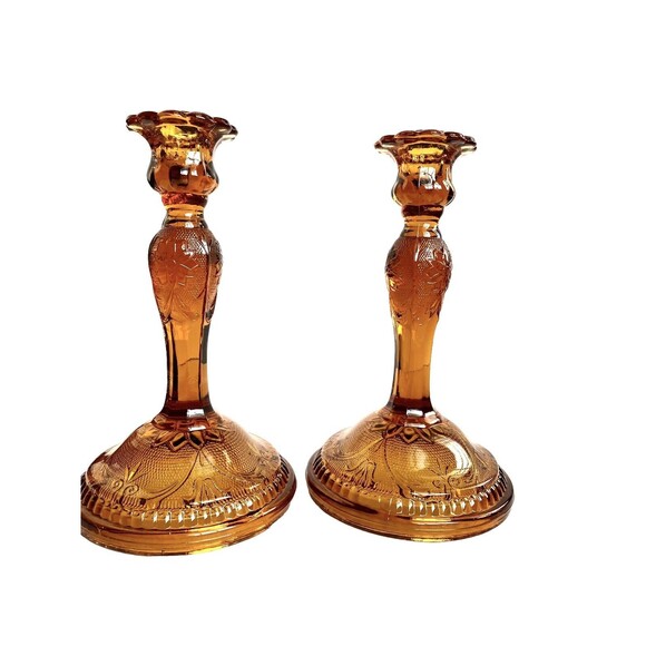 Vtg CandleSticks Tiara Amber Indiana Glass Sandwich1940 8.5"candle holder set 2 - Picture 3 of 16